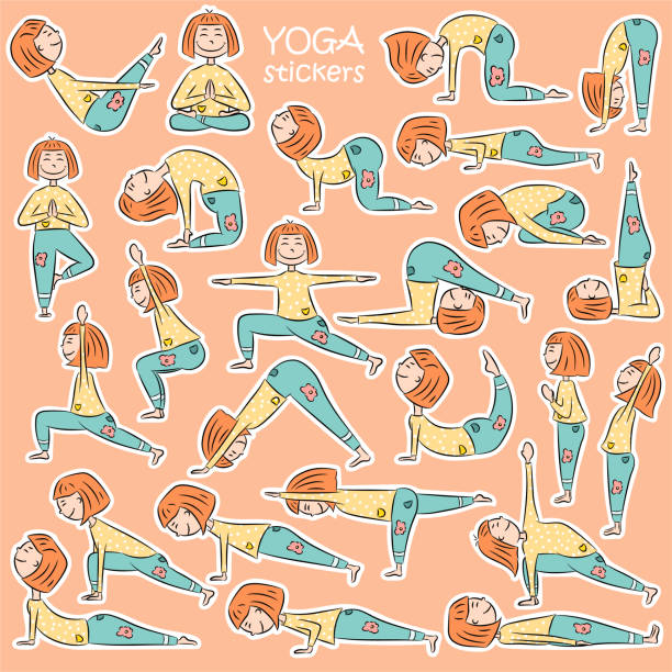 ilustrações de stock, clip art, desenhos animados e ícones de kids yoga sticker set - yoga posture dog cobra