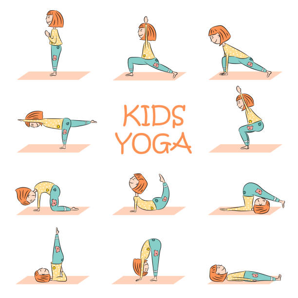 ilustraciones, imágenes clip art, dibujos animados e iconos de stock de yoga niños con chica linda de la historieta - yoga posture dog cobra