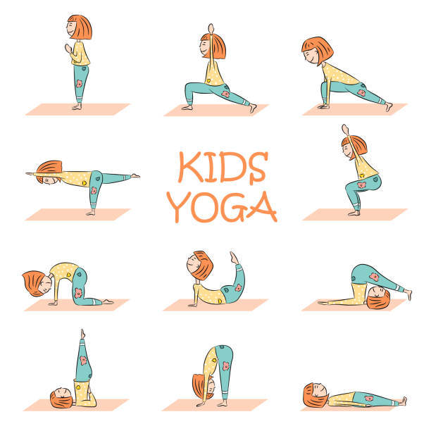ilustrações de stock, clip art, desenhos animados e ícones de kids yoga set with cute cartoon girl - yoga posture dog cobra