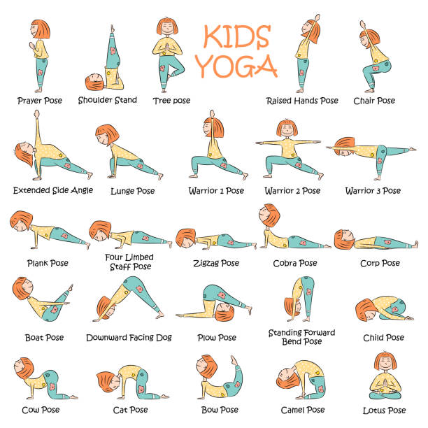 ilustrações de stock, clip art, desenhos animados e ícones de hand-drawn yoga kids set - yoga posture dog cobra