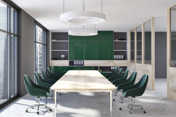 istock Gray and green meeting room interior 962788104