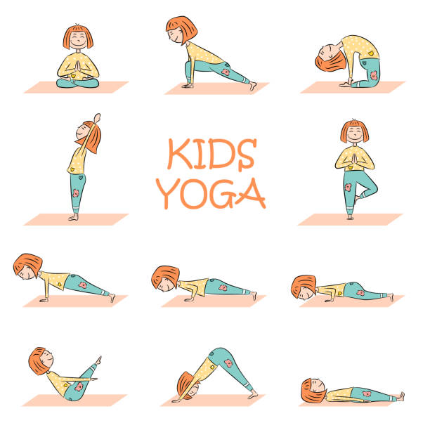 ilustrações de stock, clip art, desenhos animados e ícones de kids yoga set with cute cartoon girl - yoga posture dog cobra