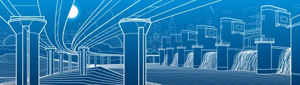 Vector illustration of City infrastructure industrial and energy illustration panorama. Hydro power plant. River Dam. Large automobile bridge. White lines on blue background. Vector design art