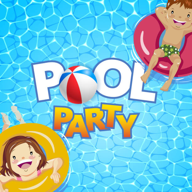 ilustrações de stock, clip art, desenhos animados e ícones de kids pool party - swimming pool party summer beach ball