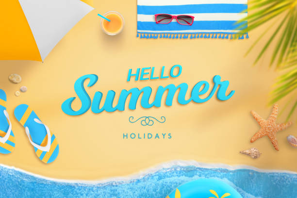 Hello summer holidays text on top view beach scene with sand and sea waves. Palm trees, parasol, slippers, towel, glasses, cocktail, surfboard, swimming ring, shells and sea star beside.