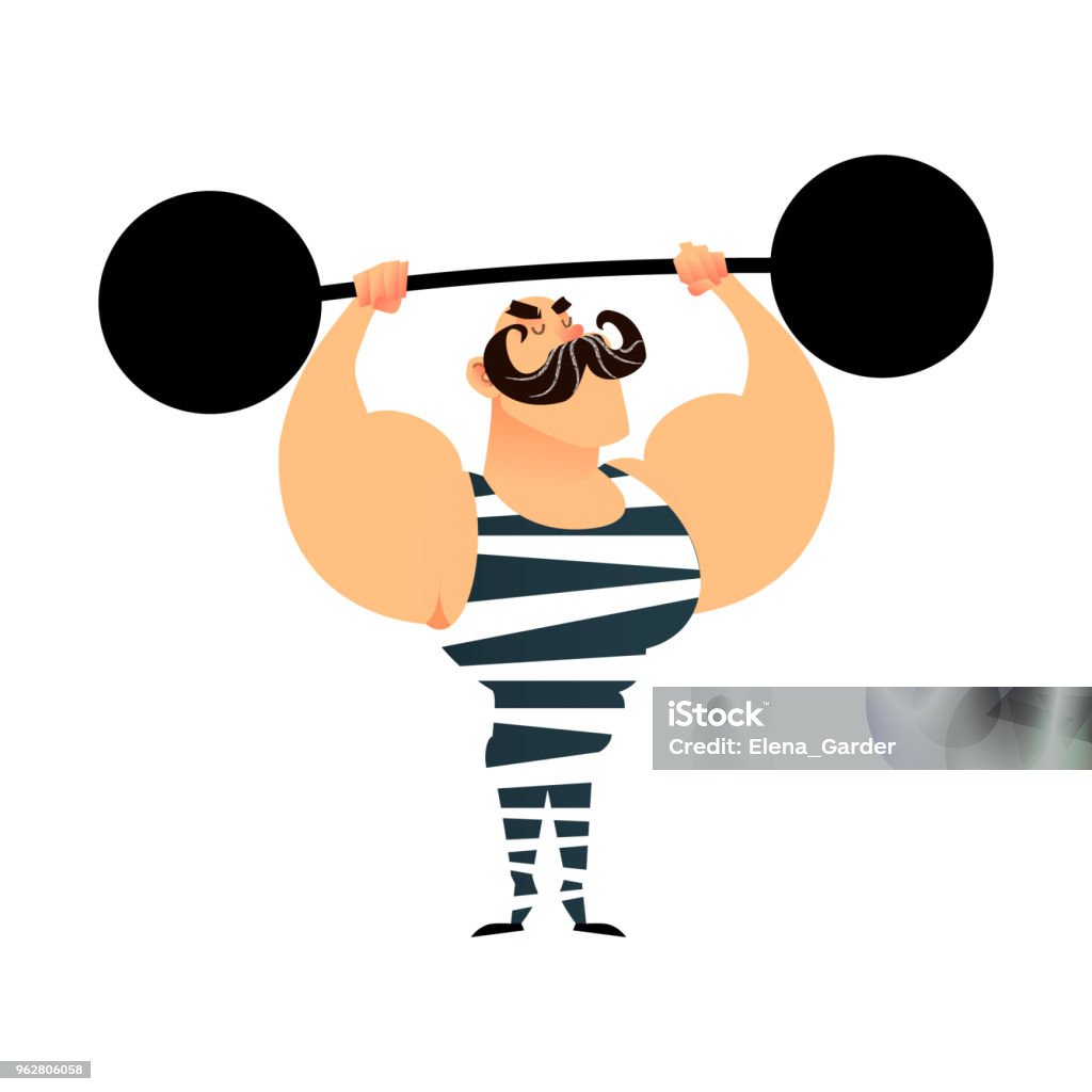 Funny Cartoon Circus Strong Man A Strong Muscular Athlete Lifts The Barbell  Retro Sportsman With A Mustache Flat Guy Character With Heavy Metal Barbell  Bodybuilder Stock Illustration - Download Image Now - iStock