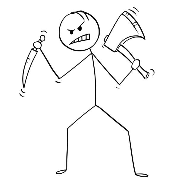 ilustraciones, imágenes clip art, dibujos animados e iconos de stock de dibujos animados de mad killer o asesino con hacha y cuchillo - axe murderer spooky men