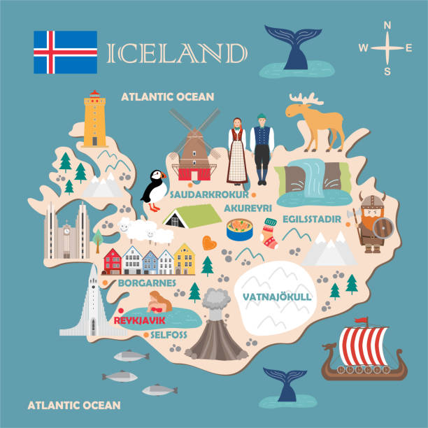 illustrazioni stock, clip art, cartoni animati e icone di tendenza di mappa stilizzata dell'islanda - islande