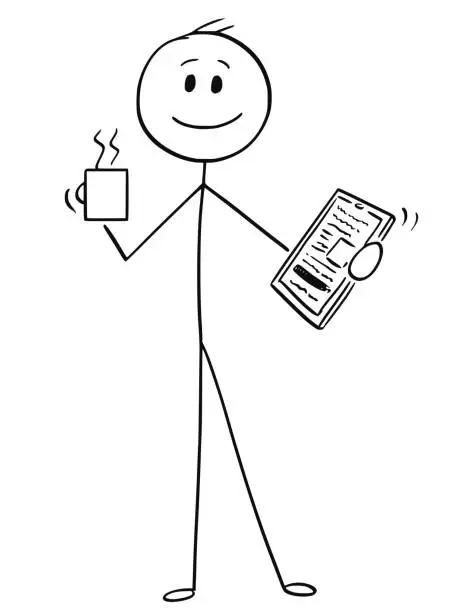 Vector illustration of Cartoon of Happy Businessman With Mug of Coffee or Tea and Tablet in Hands