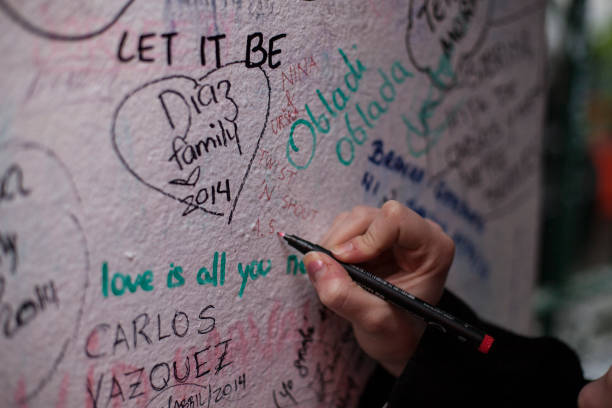 Writing on the wall London, United Kingdom - 1 May 2014: Signing on the wall of the Abbey road studios album title stock pictures, royalty-free photos & images
