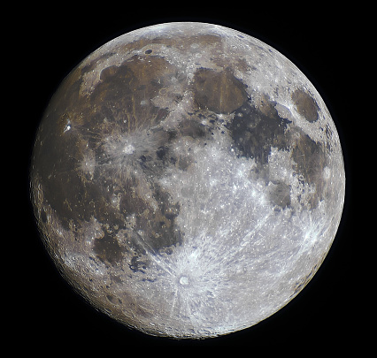 The Supermoon, full moon captured with a telescope. Very detailed high resolution and in true color.