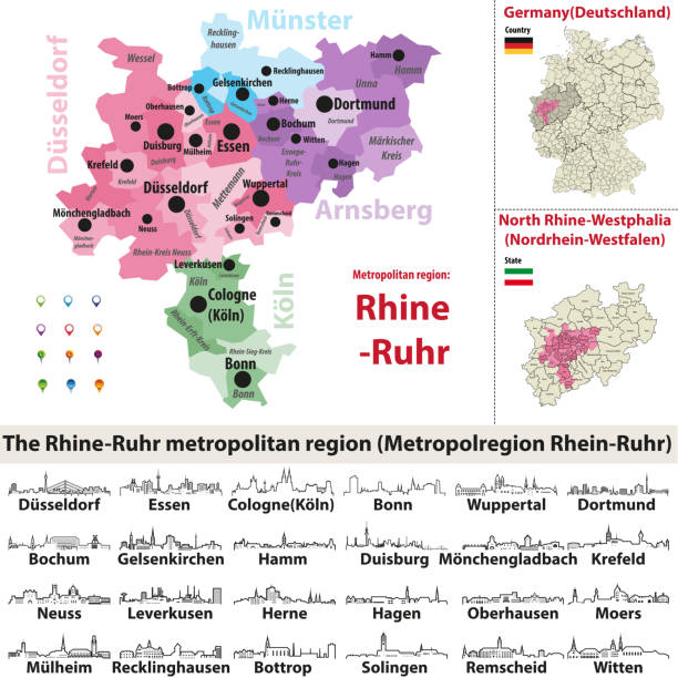 illustrations, cliparts, dessins animés et icônes de icônes de contour vectoriel d’horizons de villes région métropolitaine rhin-ruhr - neuss