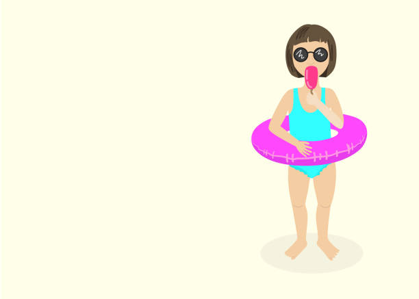 ilustrações de stock, clip art, desenhos animados e ícones de little girl eating icecream wearing swimsuit and inflatable ring. - swimwear child inner tube little girls