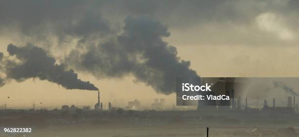 Industrial Air Pollution Factories Near Middlesbrough Releasing Smoke In The Environment Stock Photo - Download Image Now