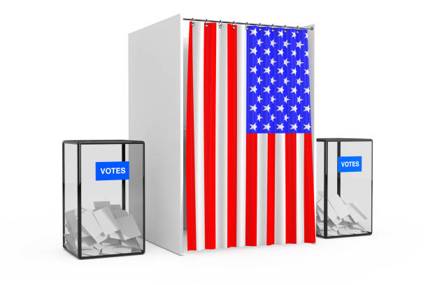 istock Ballot Boxes near White Voting Booth with Curtain and USA Flag. 3d Rendering 962822606