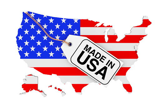 Map of USA with Flag and Made in USA Sale Tag on a white background. 3d Rendering