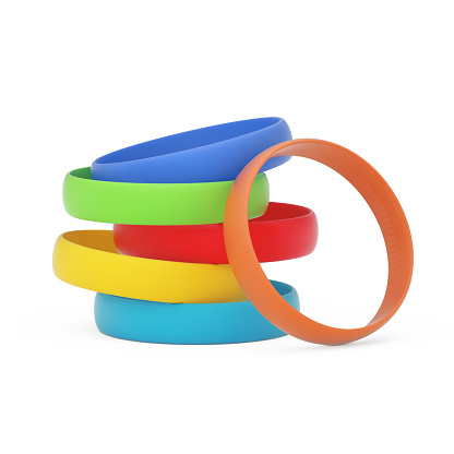 Multicolor Blank Promo Silicone or Rubber Bracelets on a white background. 3d Rendering