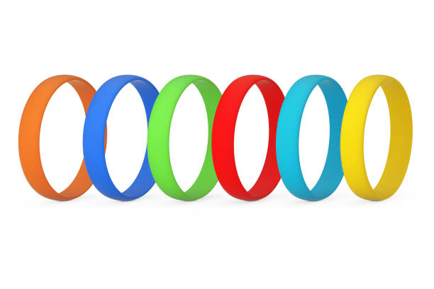 istock Row of Multicolor Blank Promo Silicone or Rubber Bracelets. 3d Rendering 962823478