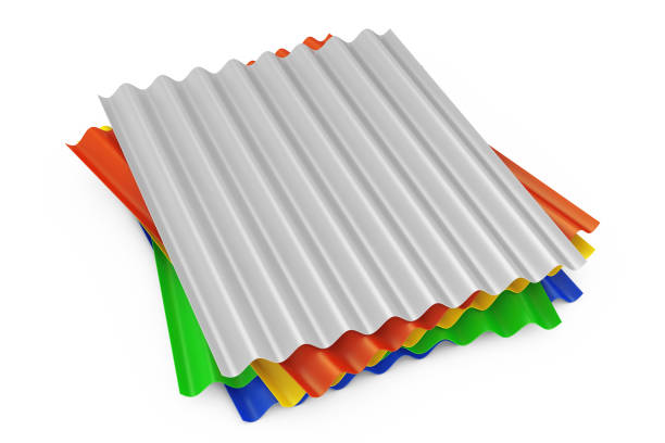 istock Stack of Steel Color Metal Zinc Galvanized Wave Sheets for Roof. 3d Rendering 962823606