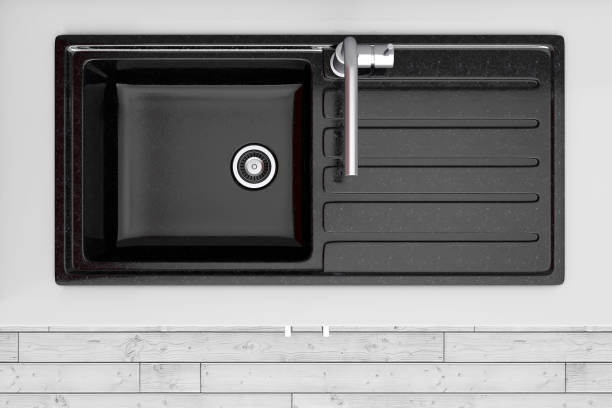 istock Modern Kitchen with Black Kitchen Sink and Tap Water top view. 3d Rendering 962823658