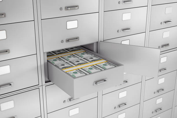 istock Stack of Dollars in Opened Bank Safe Deposit Box. 3d Rendering 962823998