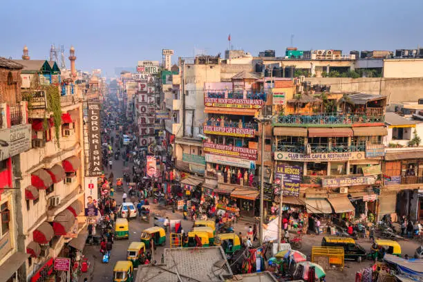 Main Bazar late afternoon, Paharganj known for its concentration of hotels, lodges, restaurants, dhabas and a wide variety of shops catering to both domestic travellers and foreign tourists, especially backpackers and low-budget travellers.