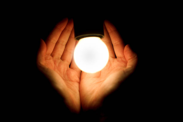 istock light bulb in humans hands on black background, energy saving and innovation concept 962827380