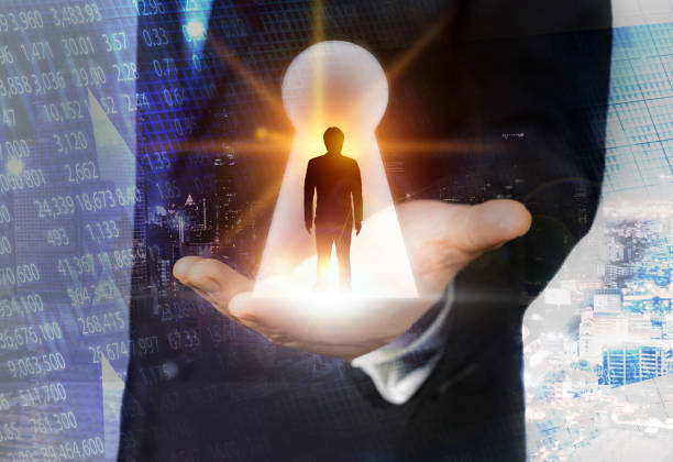 istock Double exposure businessman standing to keyhole 962827952