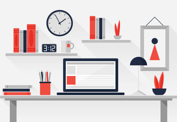 Flat Work Space Flat Work Space Desk, Office, Computer, Laptop, Table clock borders stock illustrations