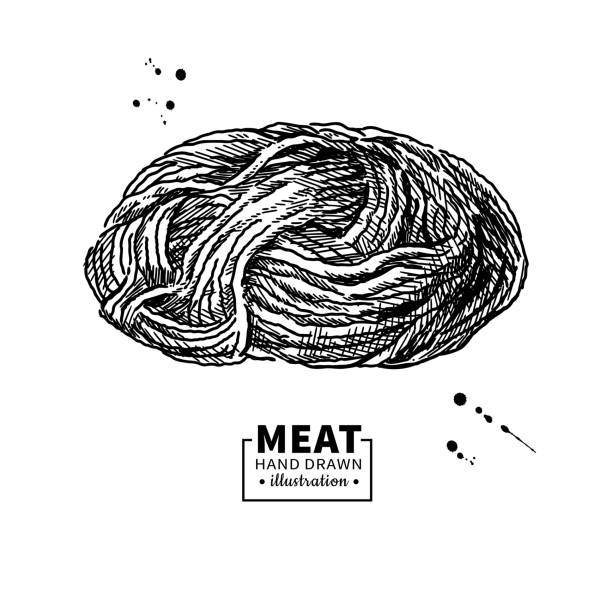 Minced meat vector drawing. Hand drawn ground beef, pork, chicken forcemeat. Minced meat vector drawing. Hand drawn ground beef, pork, chicken forcemeat. Raw food ingredient. Vintage sketch. Butcher shop product. Great for label, restaurant menu. black meat tray stock illustrations