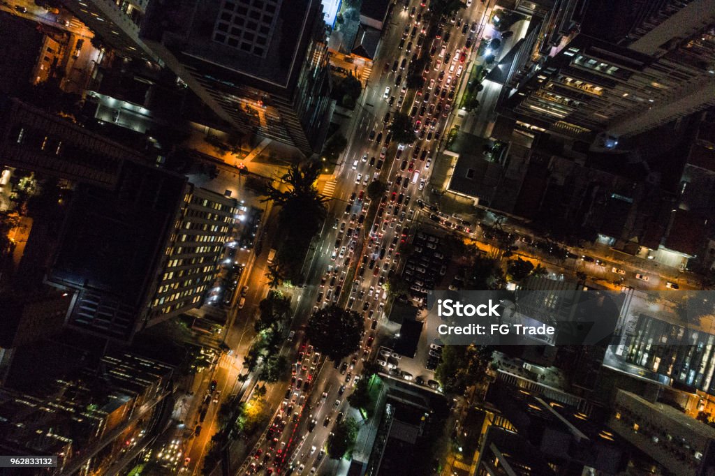 Aerial view of Rush Hour in Sao Paulo city, Brazil at night Drone Footage City Stock Photo