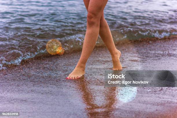 A Girl Walks Along The Seashore At Dawn Stock Photo - Download Image Now - Adult, Back, Barefoot