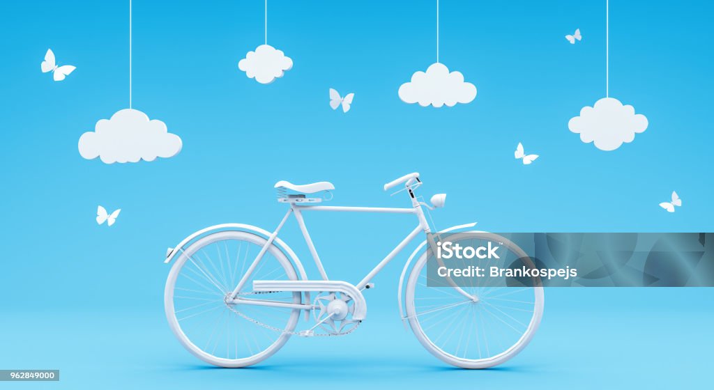 travel concept on blue background 3D rendering travel concept on blue background 3D render 3D illustration Bicycle Stock Photo