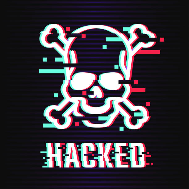 ilustraciones, imágenes clip art, dibujos animados e iconos de stock de texto de falla hackeado. ilustración del cráneo y huesos en estilo glitch sobre fondo oscuro. advertencia sobre el ataque hacker. señal pirata. vectoriales eps 10. - anaglyph