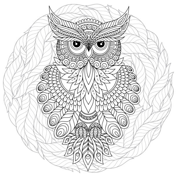 Coloring book for adult and older children. Coloring page with cute owl and floral frame. Coloring book for adult and older children. Coloring page with cute owl and floral frame. Outline drawing in zen-tyle unconventional wisdom stock illustrations