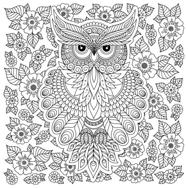 Vector illustration of Coloring page with cute owl and floral frame.