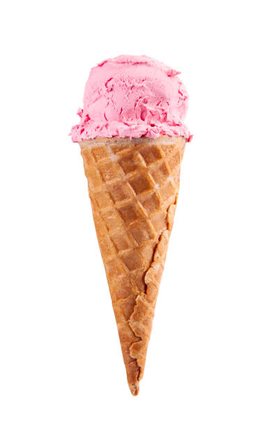 istock Pink ice cream with strawberries or cherries or raspberries in a waffle cone isolated on white 962862390