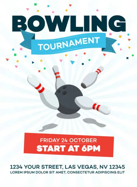 Vector illustration of Vector bowling tournament poster with scattered skittle and bowling ball