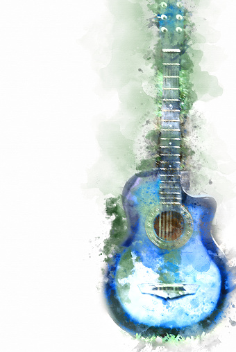 Guitar in the foreground on Watercolor painting background and Digital illustration brush to art.