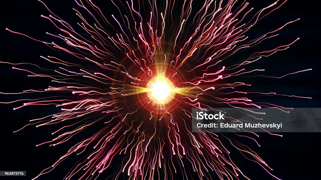Partículas de vermelhas brilhantes com fluxos colidem e criam explosão com trilhas - Foto de stock de Usina Nuclear royalty-free