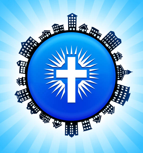 illustrazioni stock, clip art, cartoni animati e icone di tendenza di christian cross sullo sfondo dello skyline del paesaggio urbano rurale - cross shape built structure building exterior apartment