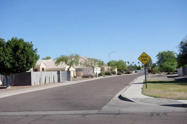North Phoenix residential community street closed at its far end, Arizona