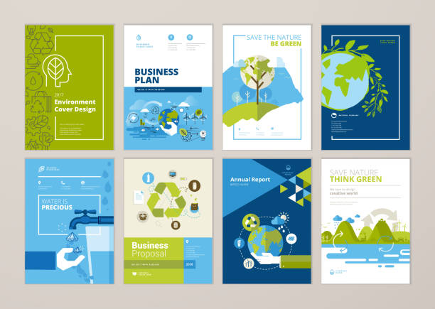 stockillustraties, clipart, cartoons en iconen met brochure en jaarlijkse verslag cover ontwerpsjablonen van natuur, groene technologie, hernieuwbare energie, duurzame ontwikkeling, milieu - leefomgeving