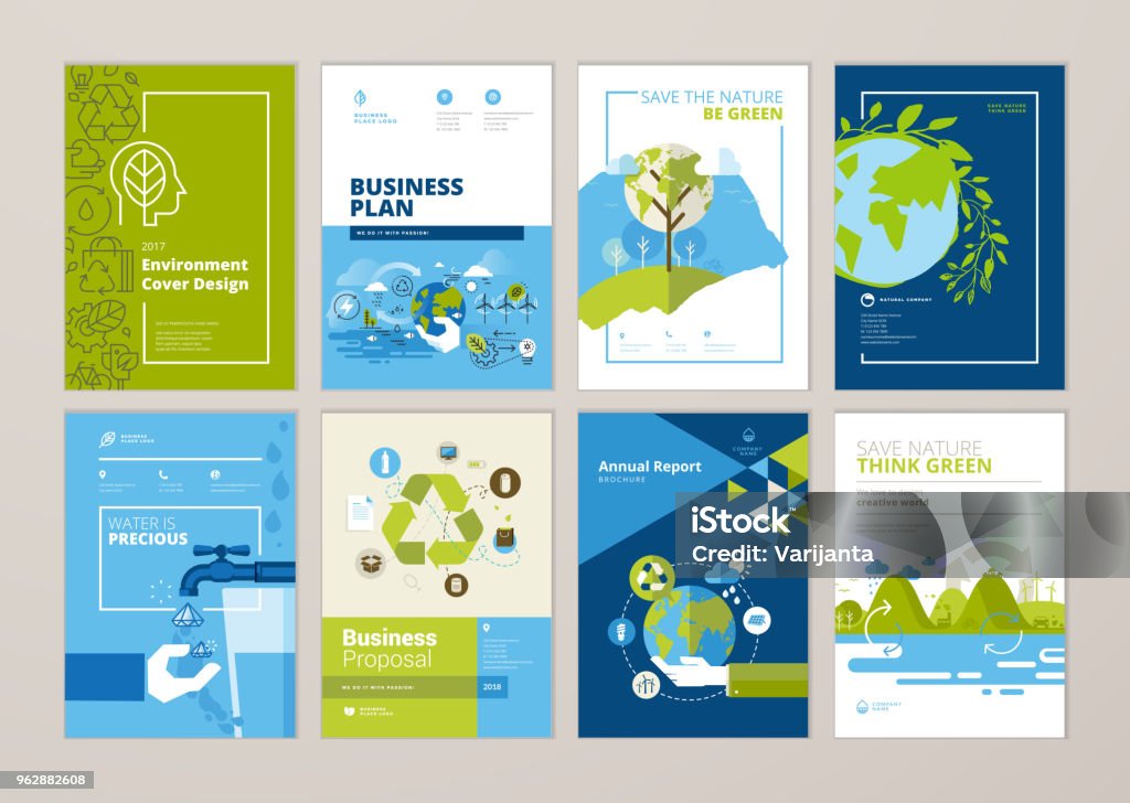 Uppsättning av broschyr och årliga rapport cover designmallar av naturen, grön teknik, förnybar energi, hållbar utveckling, miljö - Royaltyfri Hållbara resurser vektorgrafik