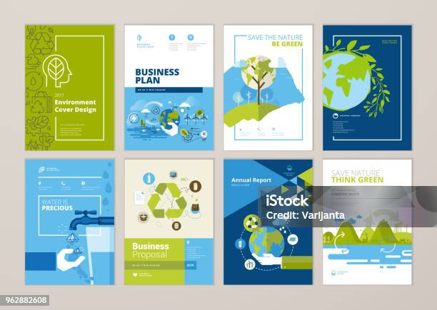 Uppsättning Av Broschyr Och Årliga Rapport Cover Designmallar Av Naturen Grön Teknik Förnybar Energi Hållbar Utveckling Miljö-vektorgrafik och fler bilder på Hållbara resurser