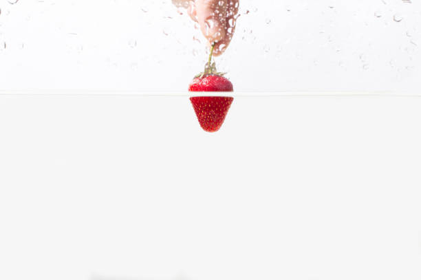 Fast Shutter Speed capturing a falling strawberry on a dark blue background. The strawberry is demonstrating motion blur from the drop. Contrast has been added to darken the background and enhance the sense of motion. No sharpening has been added.