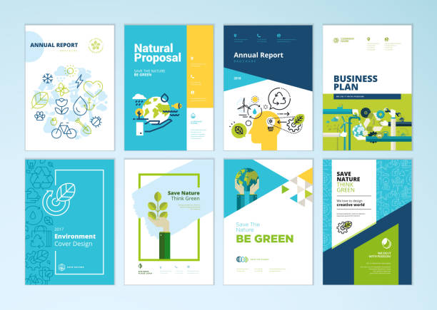 Set of brochure and annual report cover design templates of nature, green technology, renewable energy, sustainable development, environment Vector illustrations for flyer layout, marketing material. progress report stock illustrations