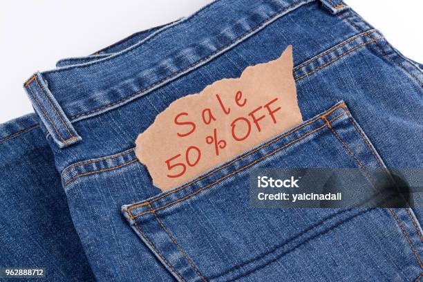 Sale 50 Percent Off Label In Jeans Pocket Stock Photo - Download Image Now  - Business, Buying, Casual Clothing - iStock