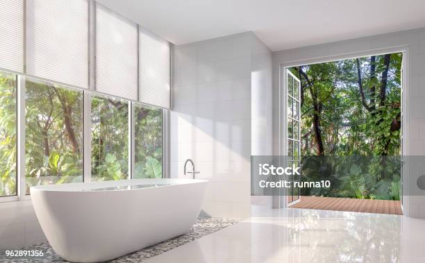 Modern White Bath Room 3d Render Stock Photo - Download Image Now - Window Blinds, Bathroom, Window