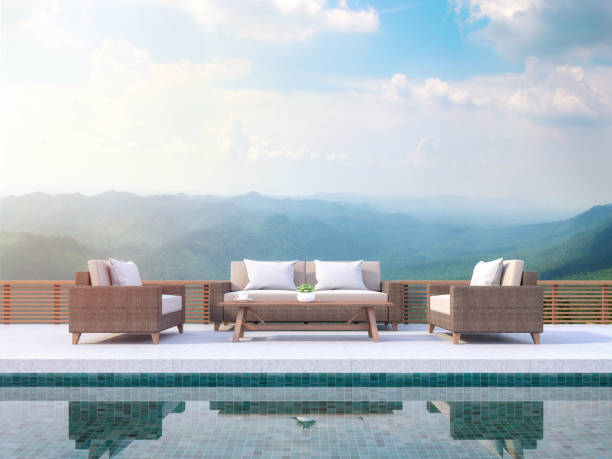 istock Contemporary pool terrace with mountain view 3d render 962891364